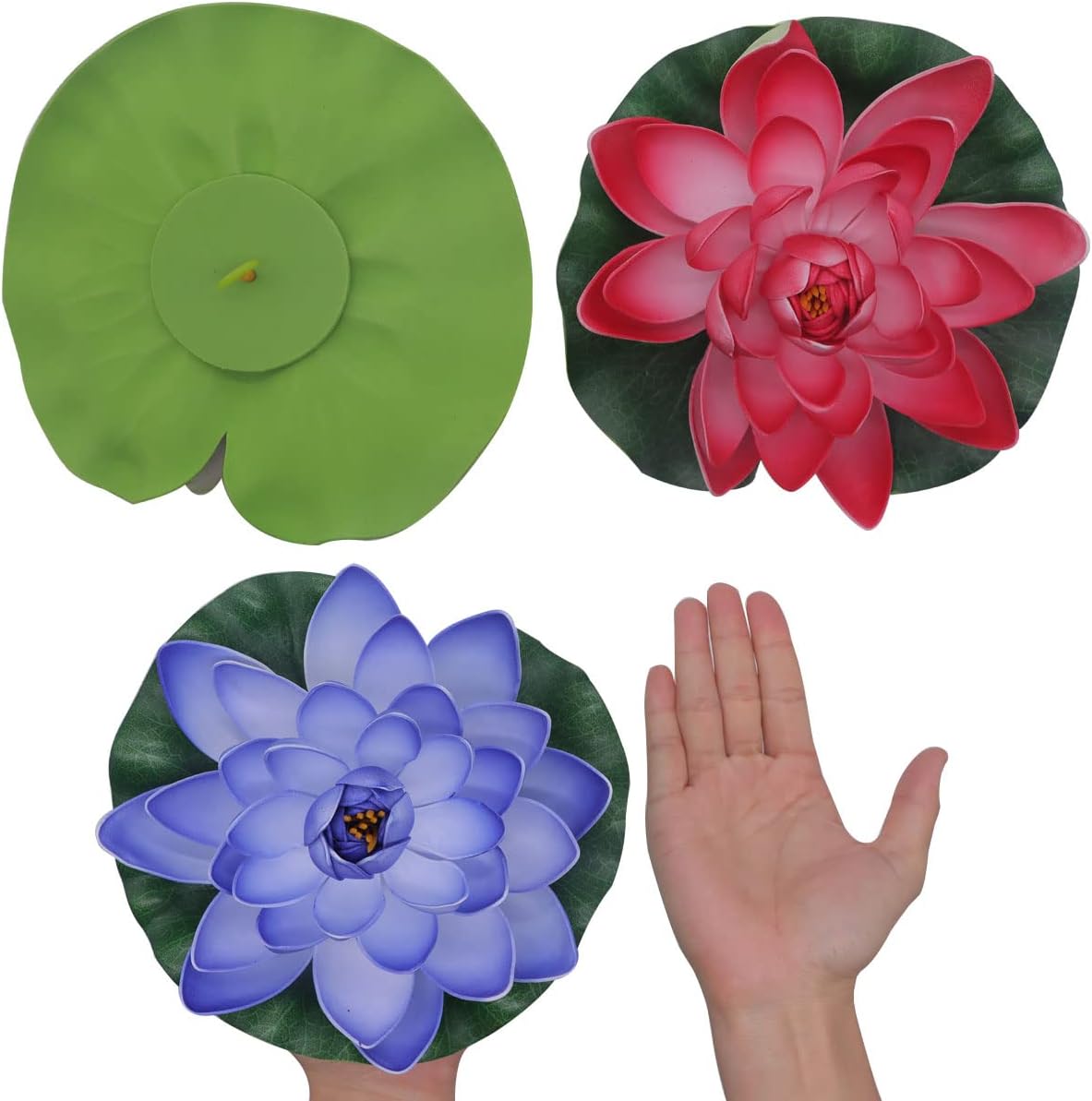 4 piezas de loto artificial, 3 almohadillas realistas de lirio de agua de 7.95.93.9 pulgadas, flor de loto flotante artificial con almohadilla de