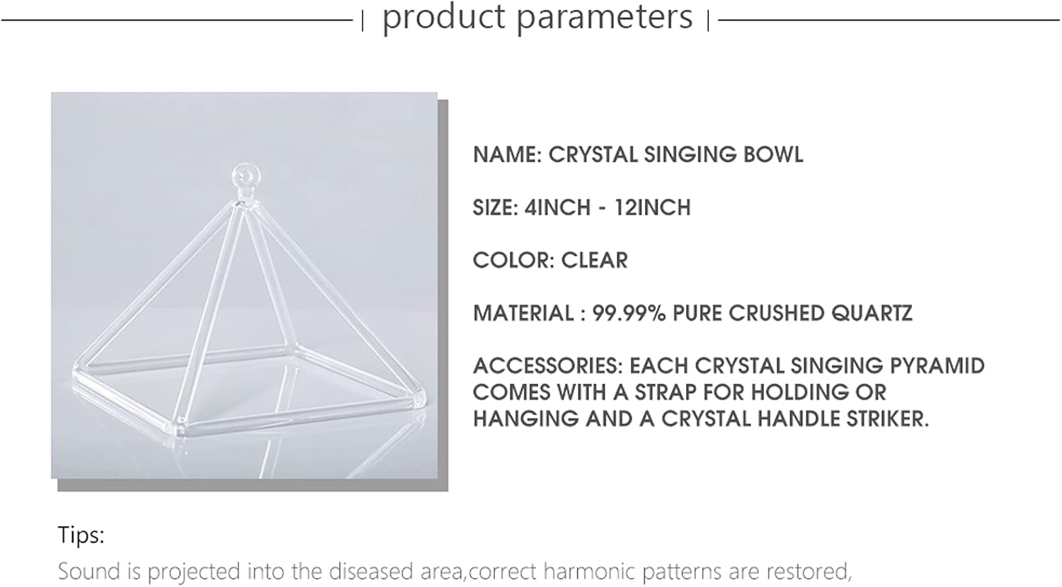 Pirámide cantante de cristal de cuarzo transparente (3 a 20 pulgadas) pirámide cantante de cristal de cuarzo, instrumento musical de curación,