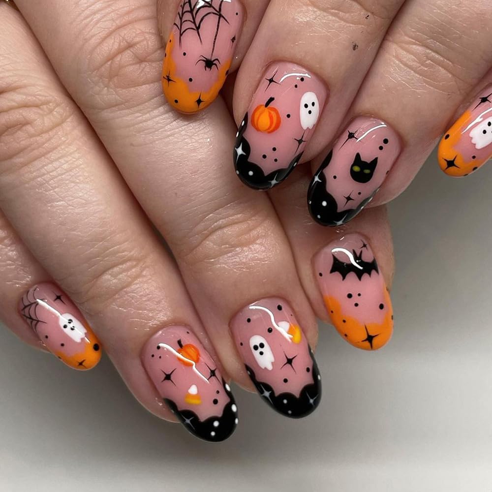 24 uñas de Halloween, puntas francesas, uñas acrílicas a presión, uñas postizas cortas en forma de almendra, lindas calabazas, murciélagos,