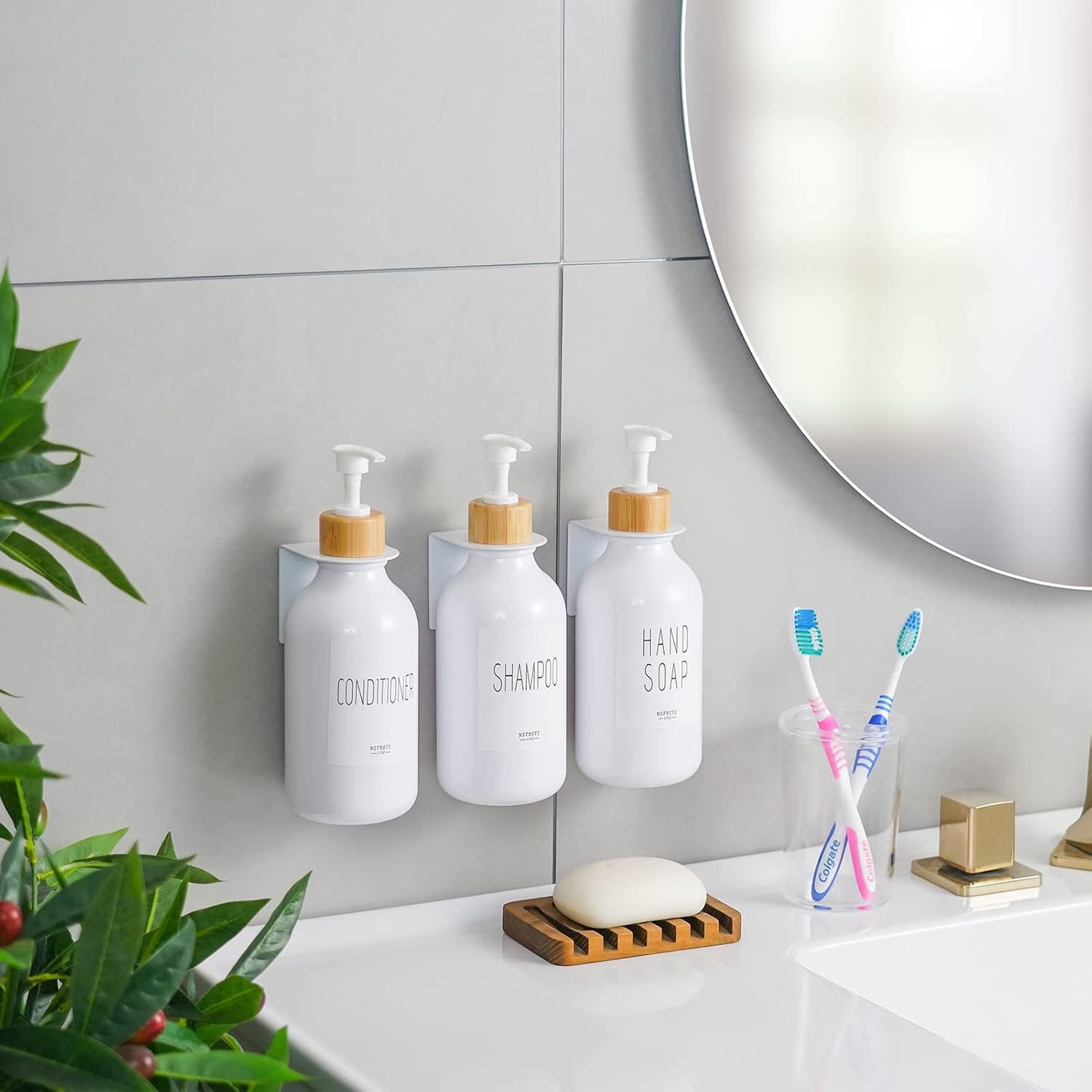 VITVITI Shampoo and Conditioner Dispenser, Body Wash Shower Soap Dispenser Wall Mounted 3 Chamber, Drill Free 17oz Plastic Shower Bottles for