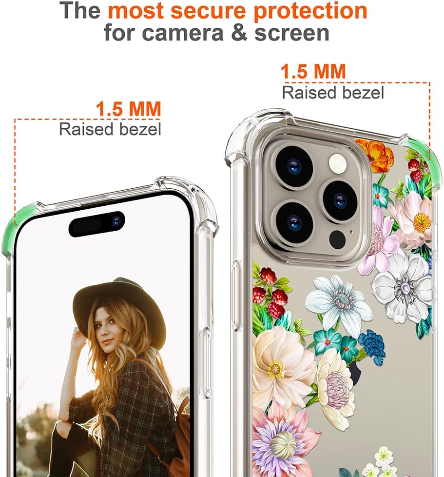 Funda para iPhone 15 Pro con diseño floral, bonita funda transparente con diseño, femenino para mujeres y niñas, funda transparente floral