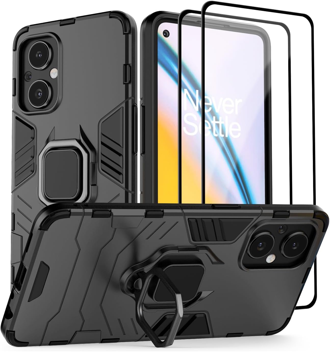 Funda para Oneplus Nord N30 5G con 2 protectores de pantalla de vidrio templado para 1+ Nord N30 5G, funda protectora completa con anillo de metal