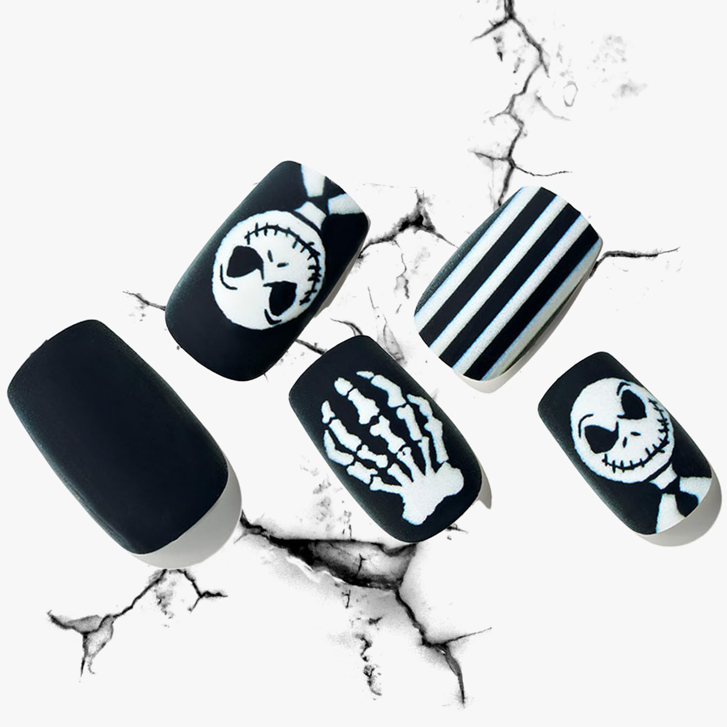 GLAMERMAID Uñas postizas cuadradas cortas a presión para Halloween, uñas postizas de calavera negra con diseño de huesos, uñas adhesivas medianas