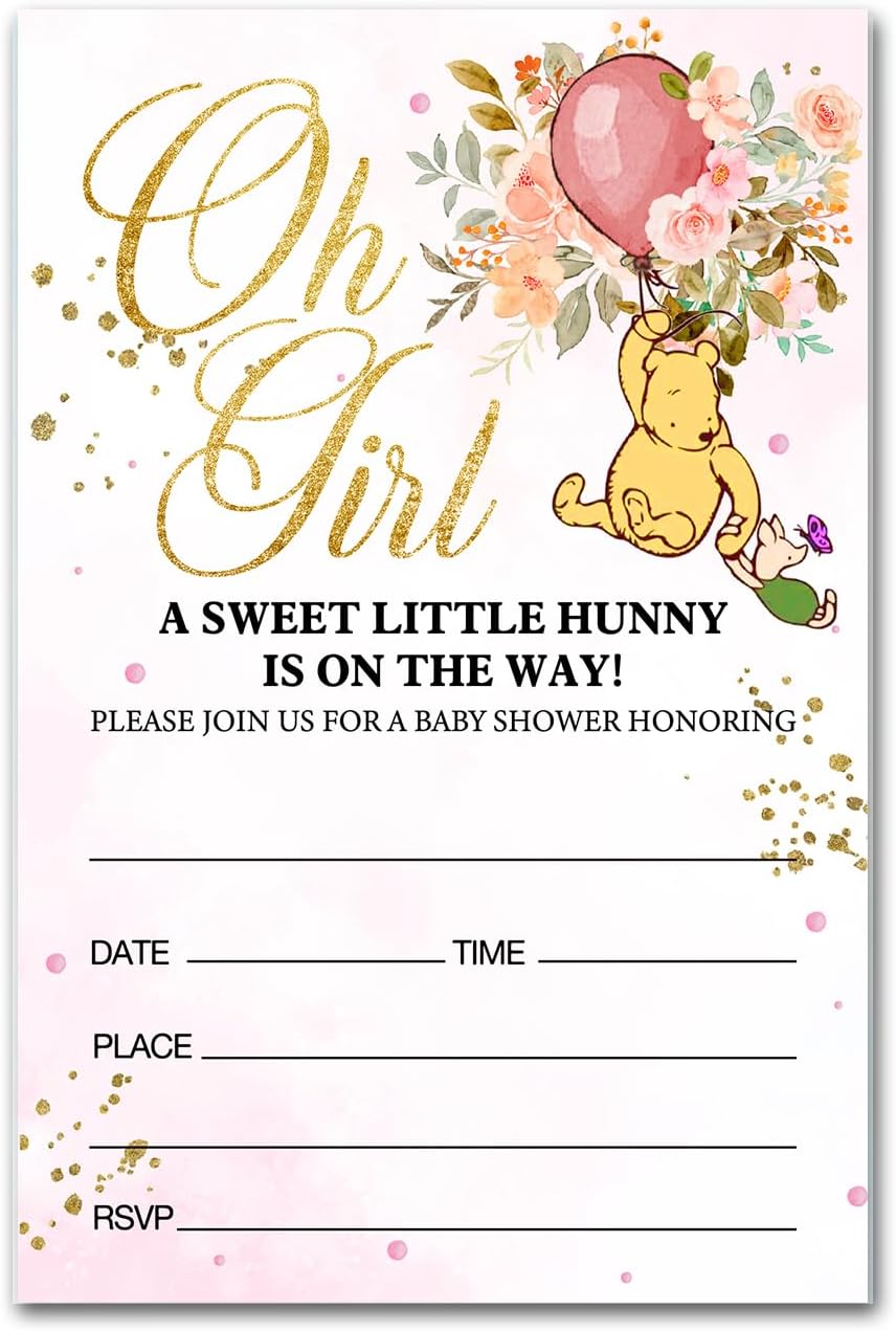 brayqu Winnie the Pooh – Invitaciones para fiesta de baby shower, baby shower, oso de Pooh, globo rosa, invitaciones para fiesta de baby shower (20