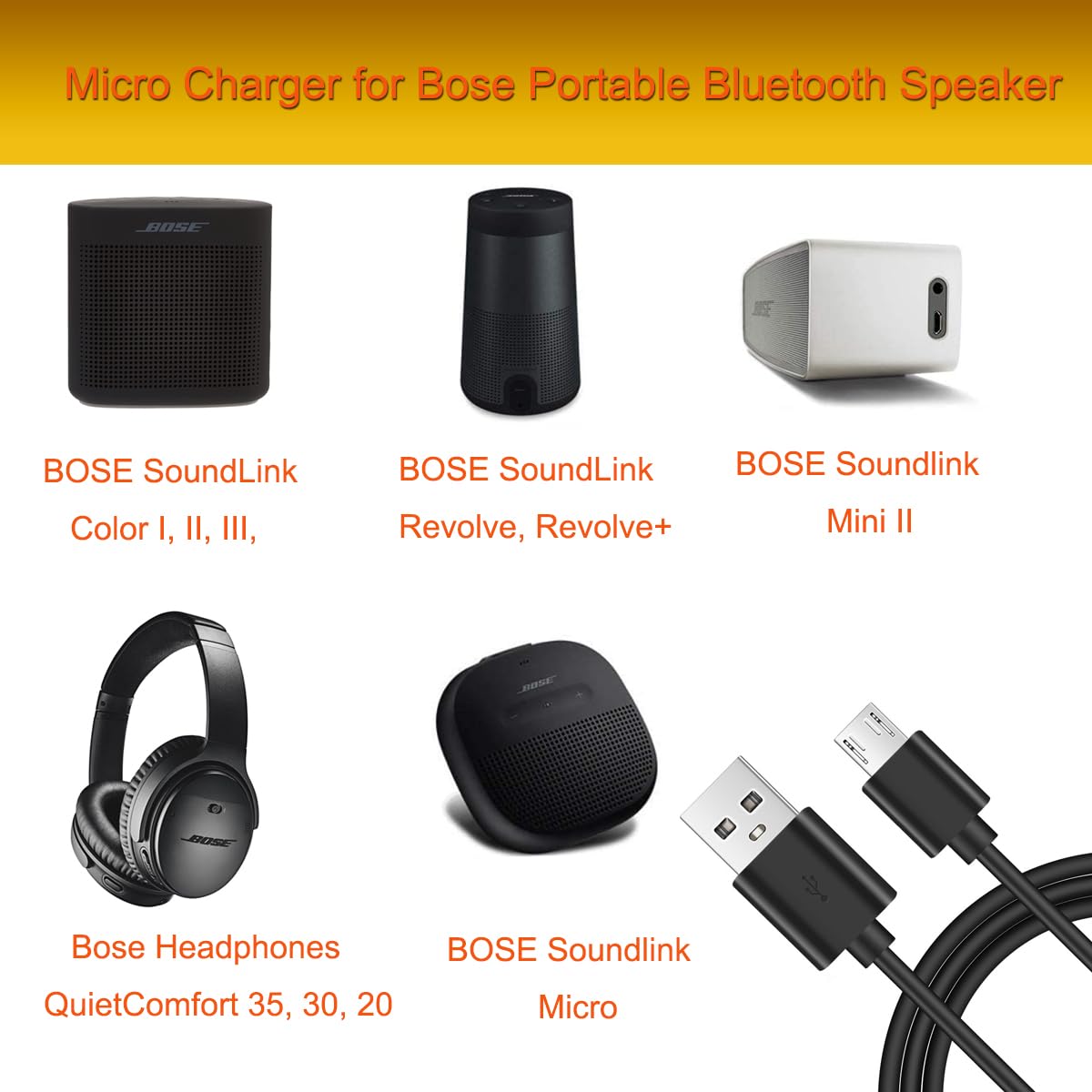 Cargador de cable micro USB compatible con SoundLink RevolveRevolve Plus, Bose SoundLink Color I II IIIMini II, altavoz portátil, cable de carga de