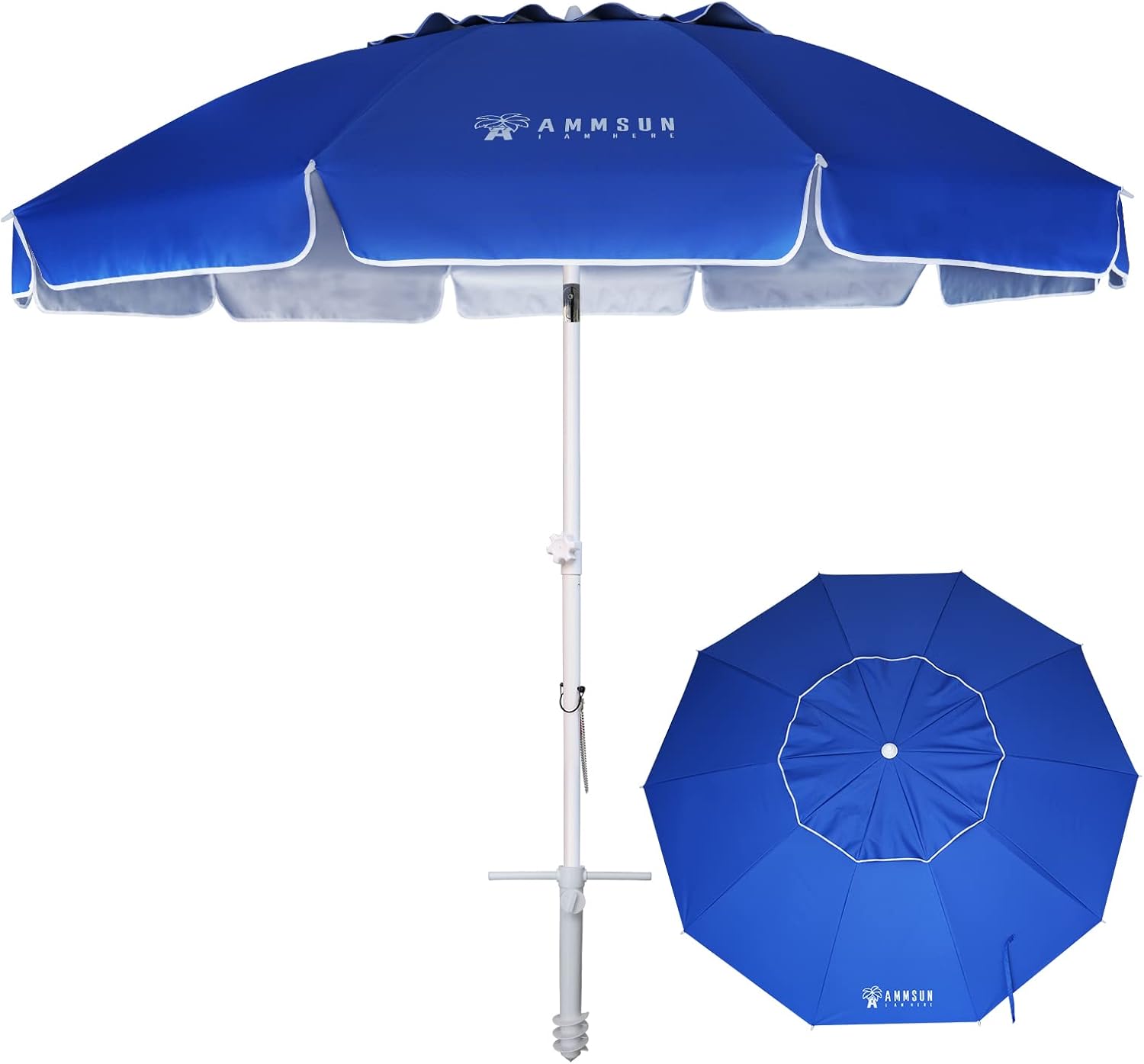 AMMSUN Sombrilla de playa grande de 8 pies con anclaje de arena, sombrilla portátil resistente al viento con protección UV UPF50+, rejillas de