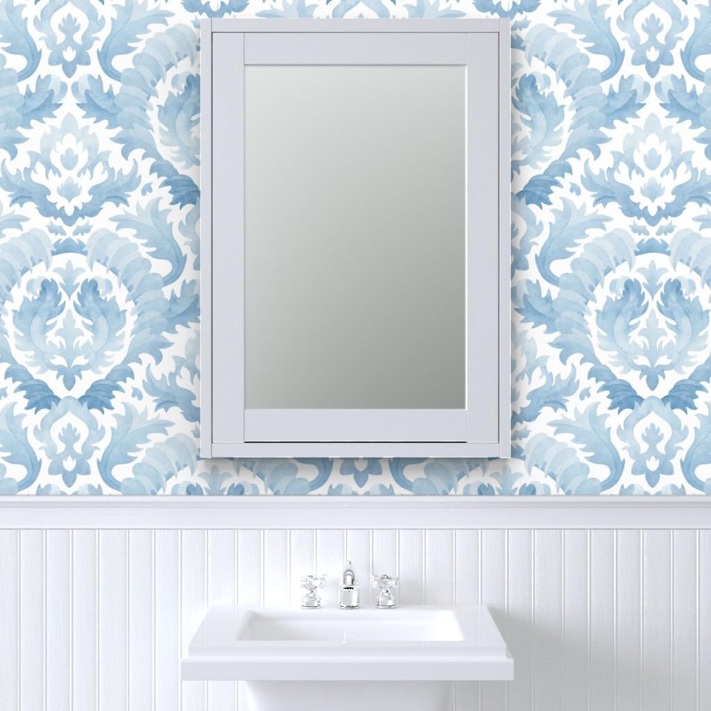 Spoonflower Muestro de papel tapiz extraíble – Acuarela Damasco Botánico Floral Azul Claro Monocromo Clásico Barroco Hoja de Acanto Papel pintado