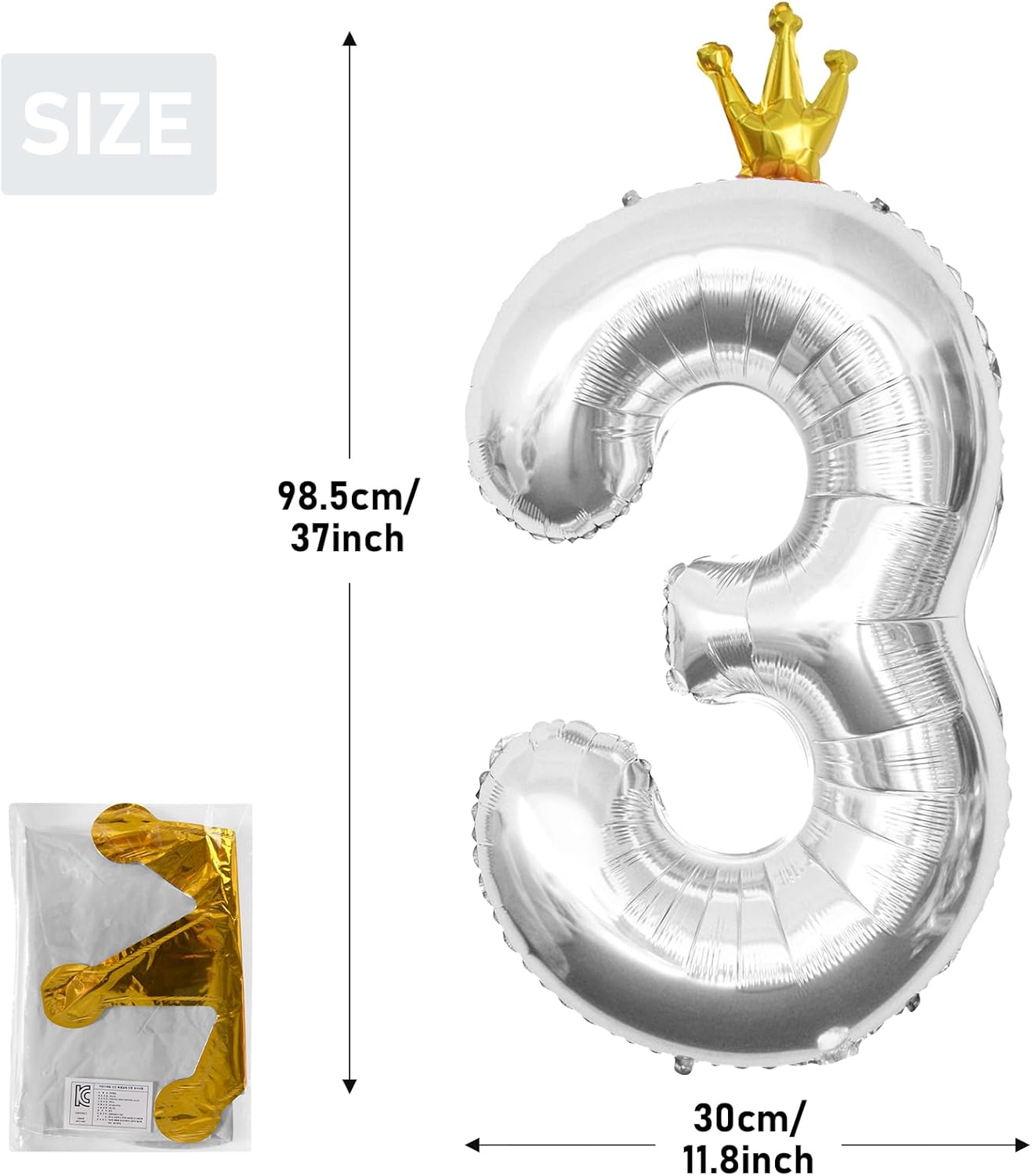 MOMOHOO Globo grande plateado de 40 pulgadas con el número 3  Corona de papel de aluminio grande con número de helio del 0 al 9 para fiesta de