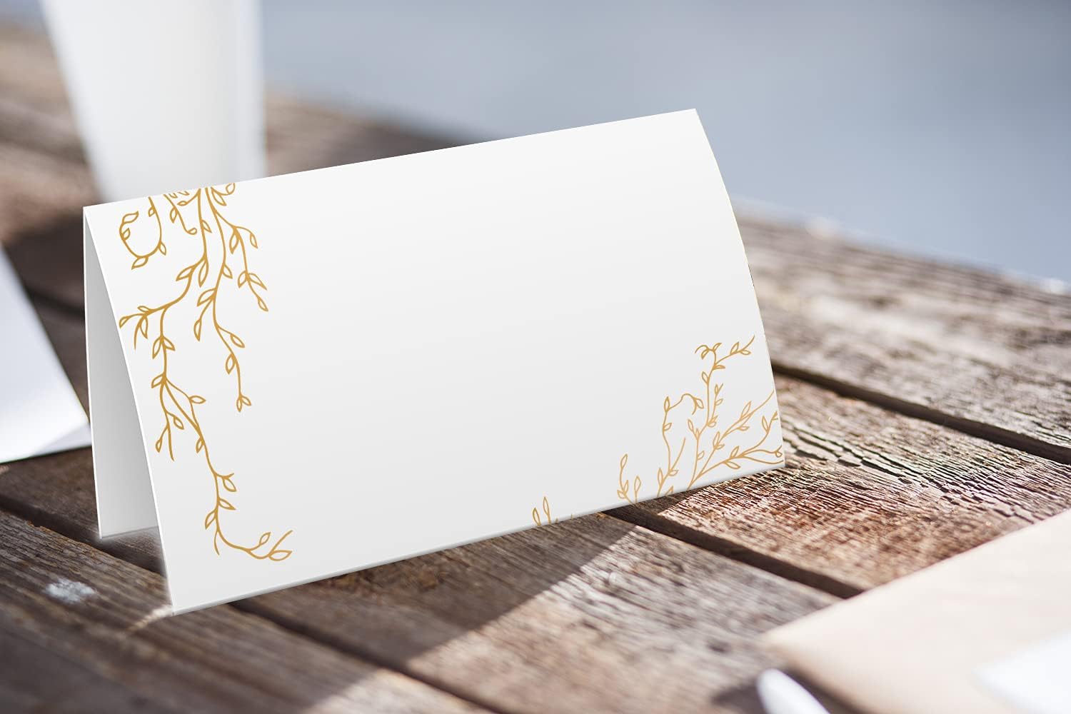 Etiquetas de tienda de campaña de comida Golden Leaf (paquete de 25) – Tarjetas de lugar para bodas, tarjetas de mesa – Perfecto para tarjetas de