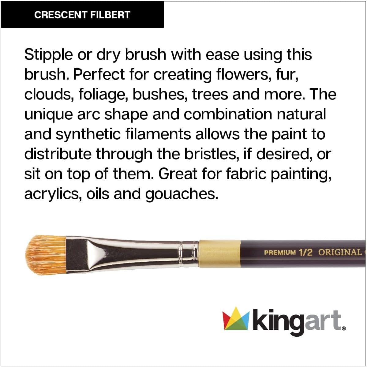 KINGART B-095 Premium – Juego de brochas para licuadora Crescent Filbert de oro original, 4 piezas, cerdas sintéticasTaklon para pintura acrílica y