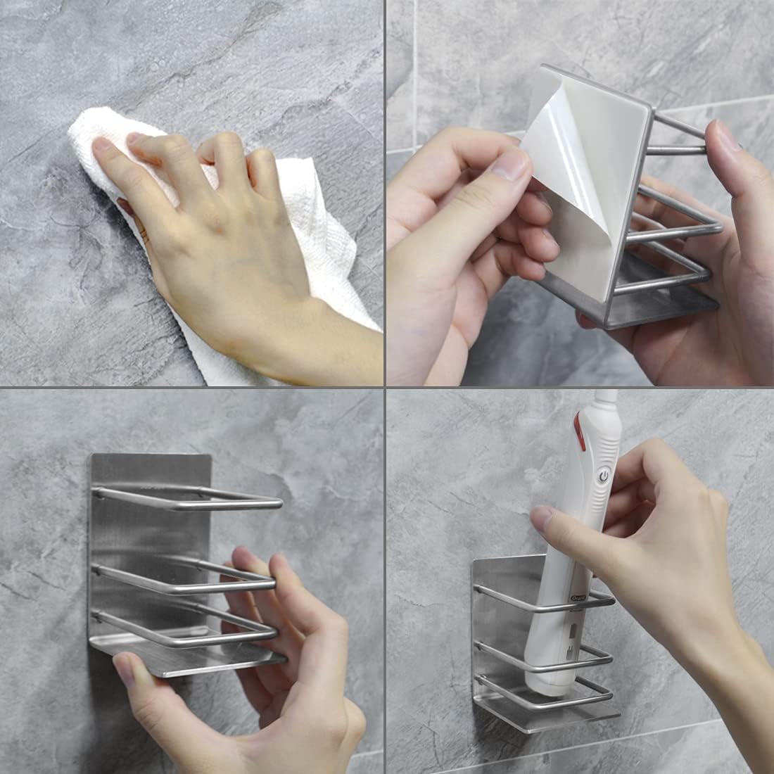 Linkidea Paquete de 2 soportes eléctricos para cepillos de dientes montados en la pared, autoadhesivos, de acero inoxidable, soporte para cepillo de