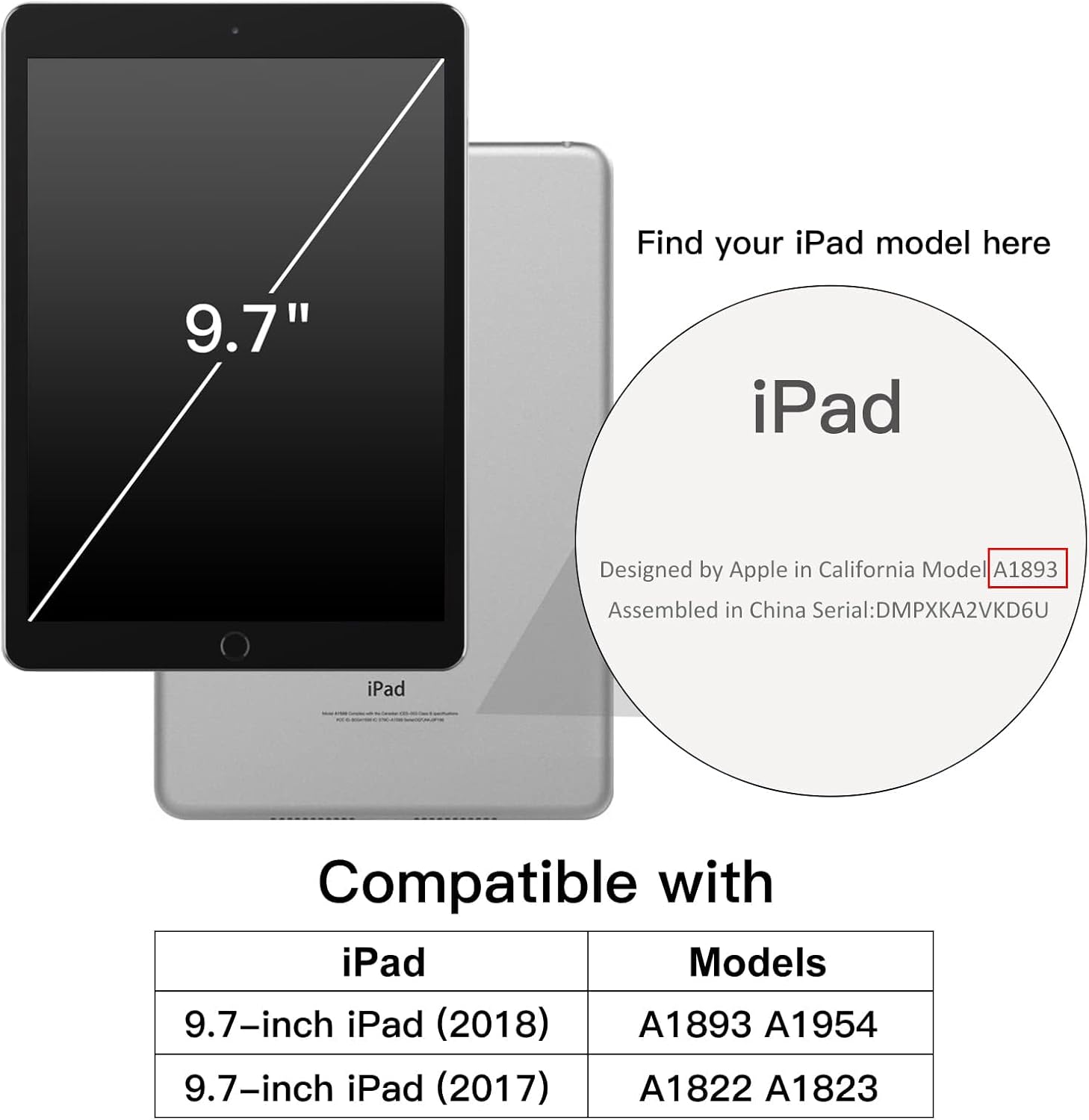 JETech Funda para iPad de 9.7 pulgadas (65 generación, 20182017) con soporte para lápices, carcasa trasera transparente transparente, soporte