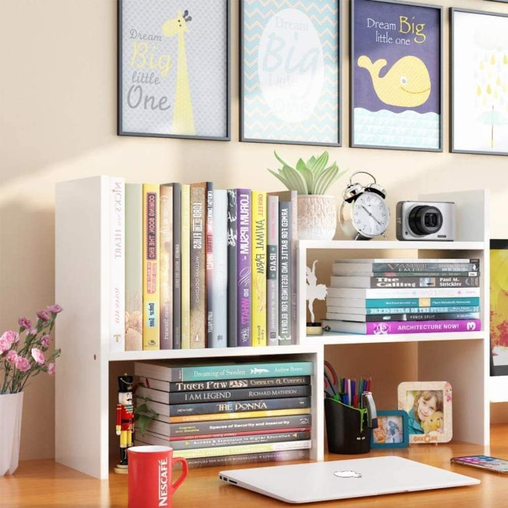 Organizador y almacenamiento de estantes de escritorio, mini estantería expandible para dormitorio, estante de escritorio de madera ajustable negro,