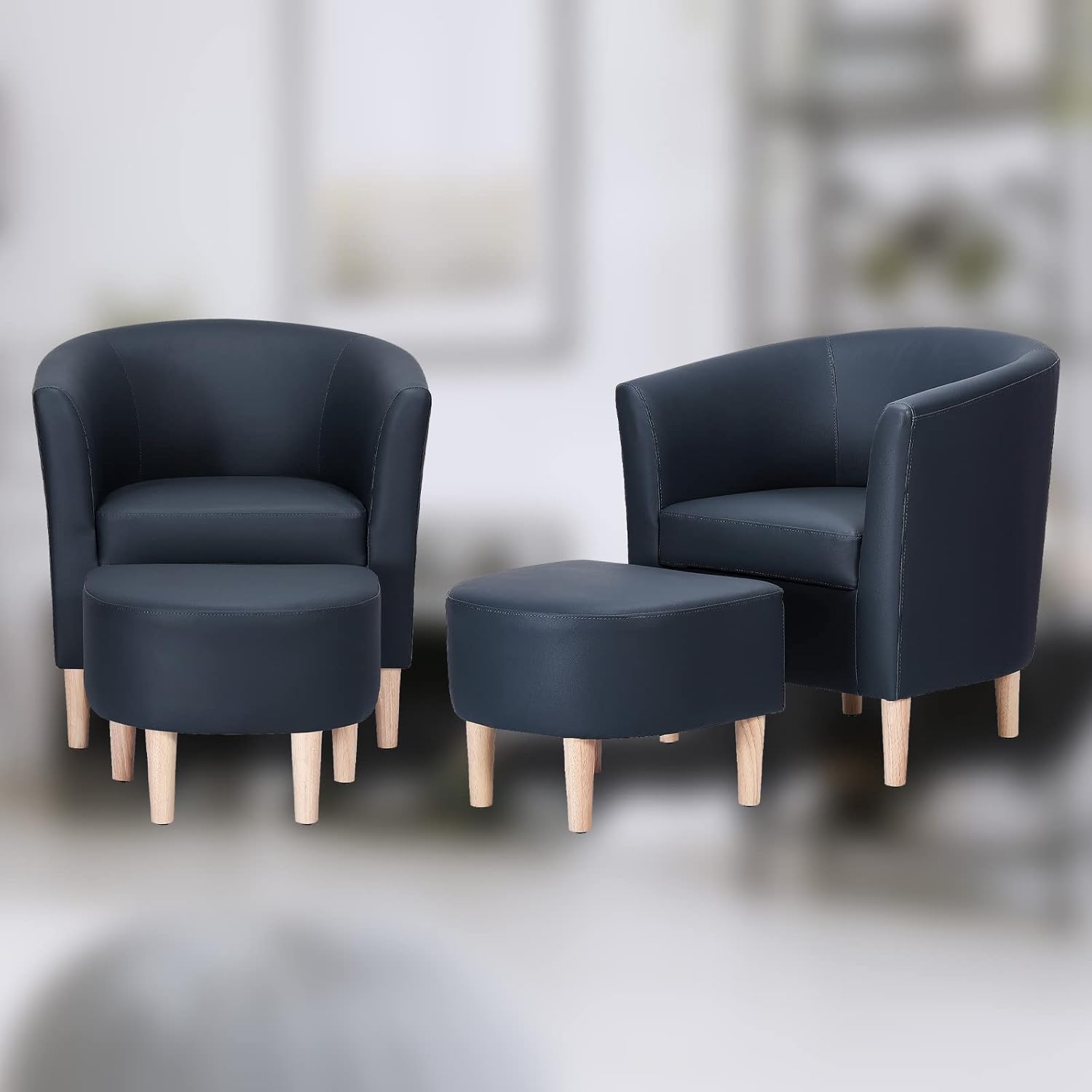 Silla de cuero, silla decorativa moderna de mediados de siglo con barril sintético otomano, cómodo sillón tapizado para bañera de club, brazos