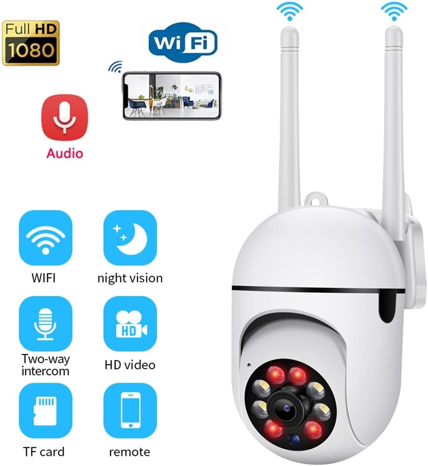 Cámaras de seguridad para exteriores, con detección de movimiento, audio de 2 vías, almacenamiento de 128 GB, WiFi de 2.4 GHz, visión nocturna a