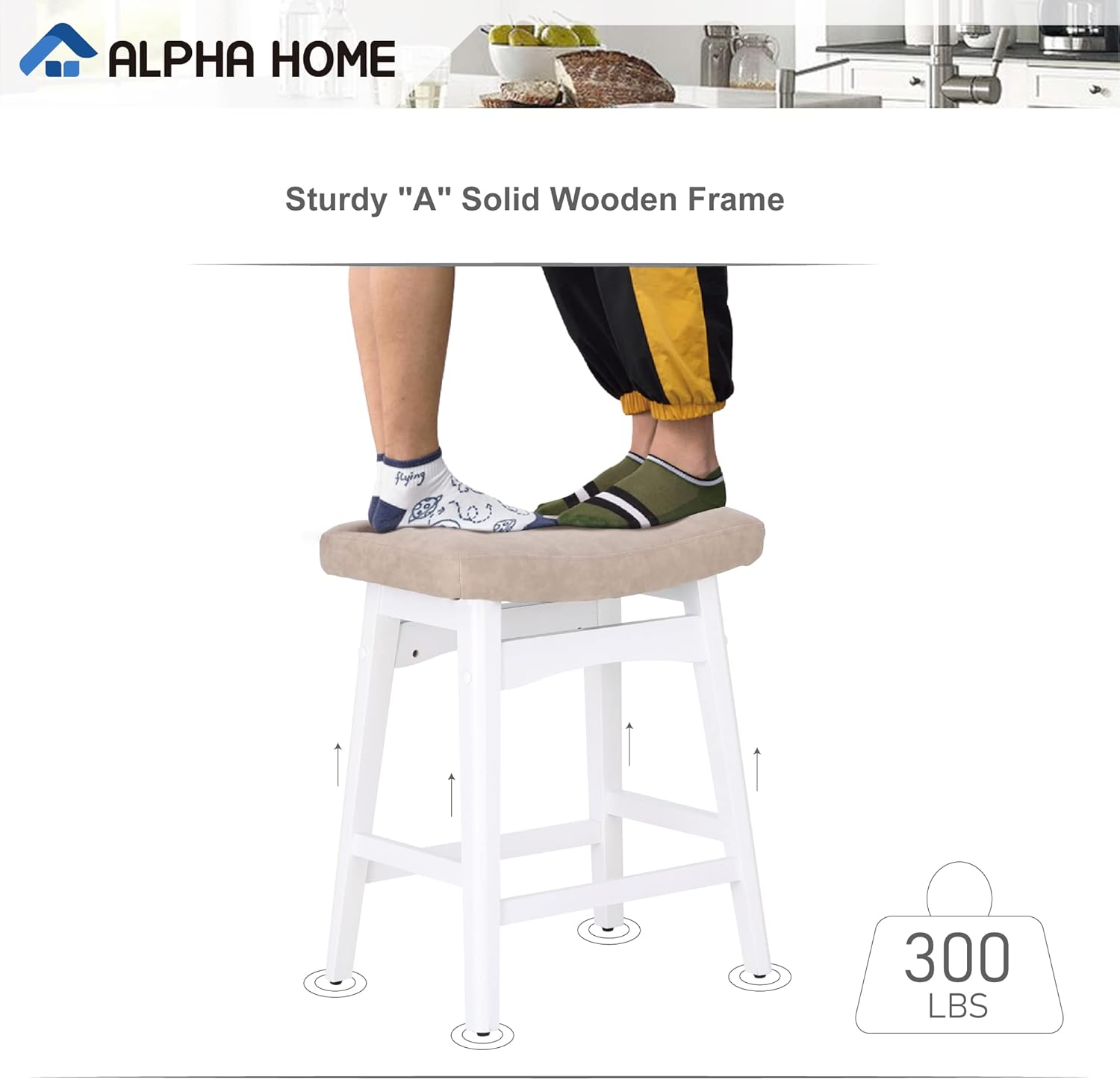 ALPHA HOME Juego de 4 taburetes de bar, taburetes de cocina de madera maciza con cojín de piel sintética beige, taburetes de bar con base de madera