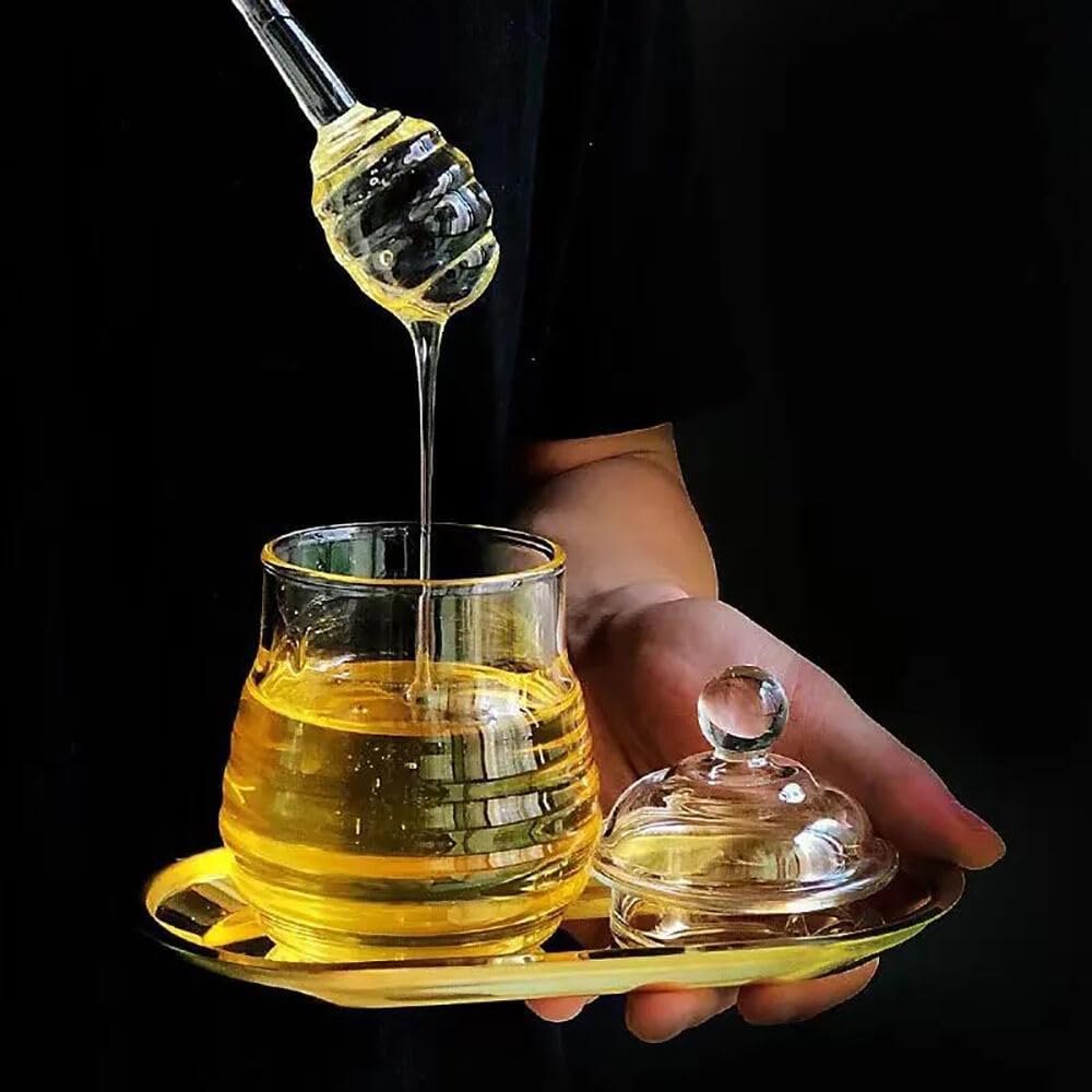Honey Pot – Tarro de miel de vidrio con cuchara de 9.8 oz (9.8 fl oz) Contenedor de miel con tapa y recipiente de jarabe de miel