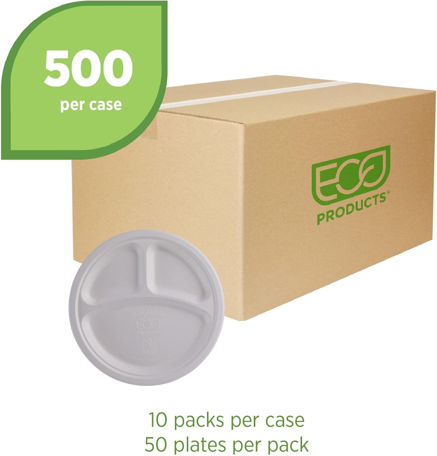 ECO PRODUCTS Vanguard – Platos de papel compostables de 3 compartimentos de 10 pulgadas, caja de 500, fibra moldeada blanca desechable, redondos,