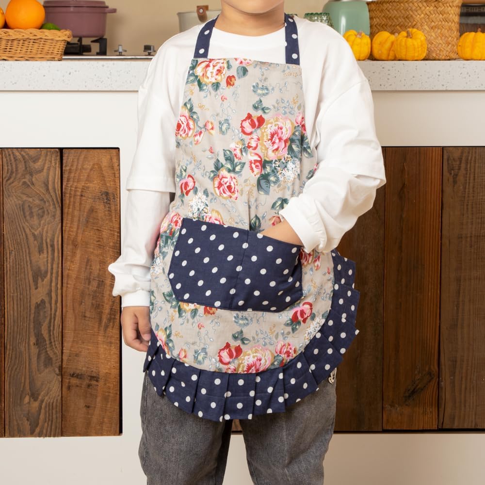 NEOVIVA Delantales de cocina para niñas pequeñas con bolsillos, adorables delantales de algodón para niñas pequeñas