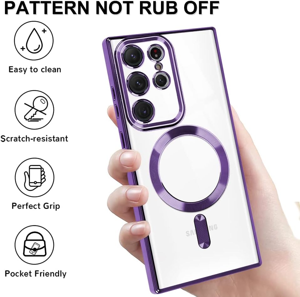 OOK Funda magnética transparente para Galaxy S22 Ultra, compatible con MagSafe, diseño de corazón de amor, funda galvanizada de TPU suave a prueba
