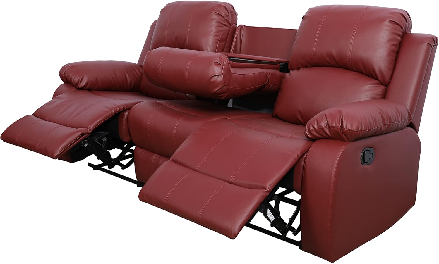 GS28XX – Juego de sofá reclinable de 3 piezas, tapicería de cuero regenerado, manual con mesa desplegable y consola central (rojo, 3 piezas)