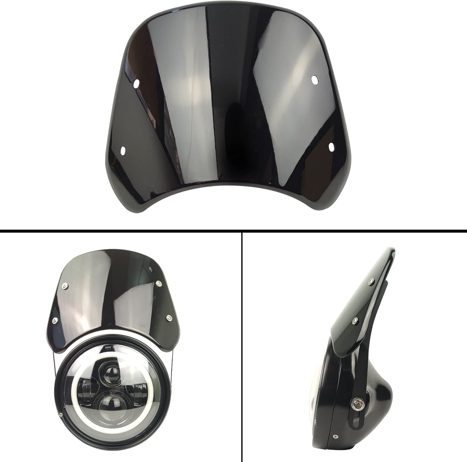 Parabrisas universal para motocicleta, deflector de viento, parabrisas delantero con soporte para moto 5″-7″ LED faro