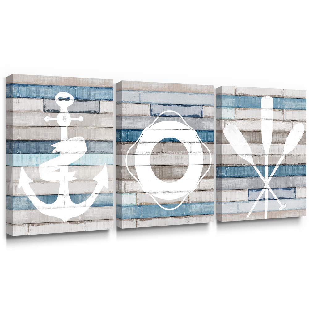 Adecuado Bathroom Decor Wall Art Coastal Nautical Beach Decor Anchor Life Ring Boat Oar Decorations Blue Ocean Rustic Canvas Paintings for Living