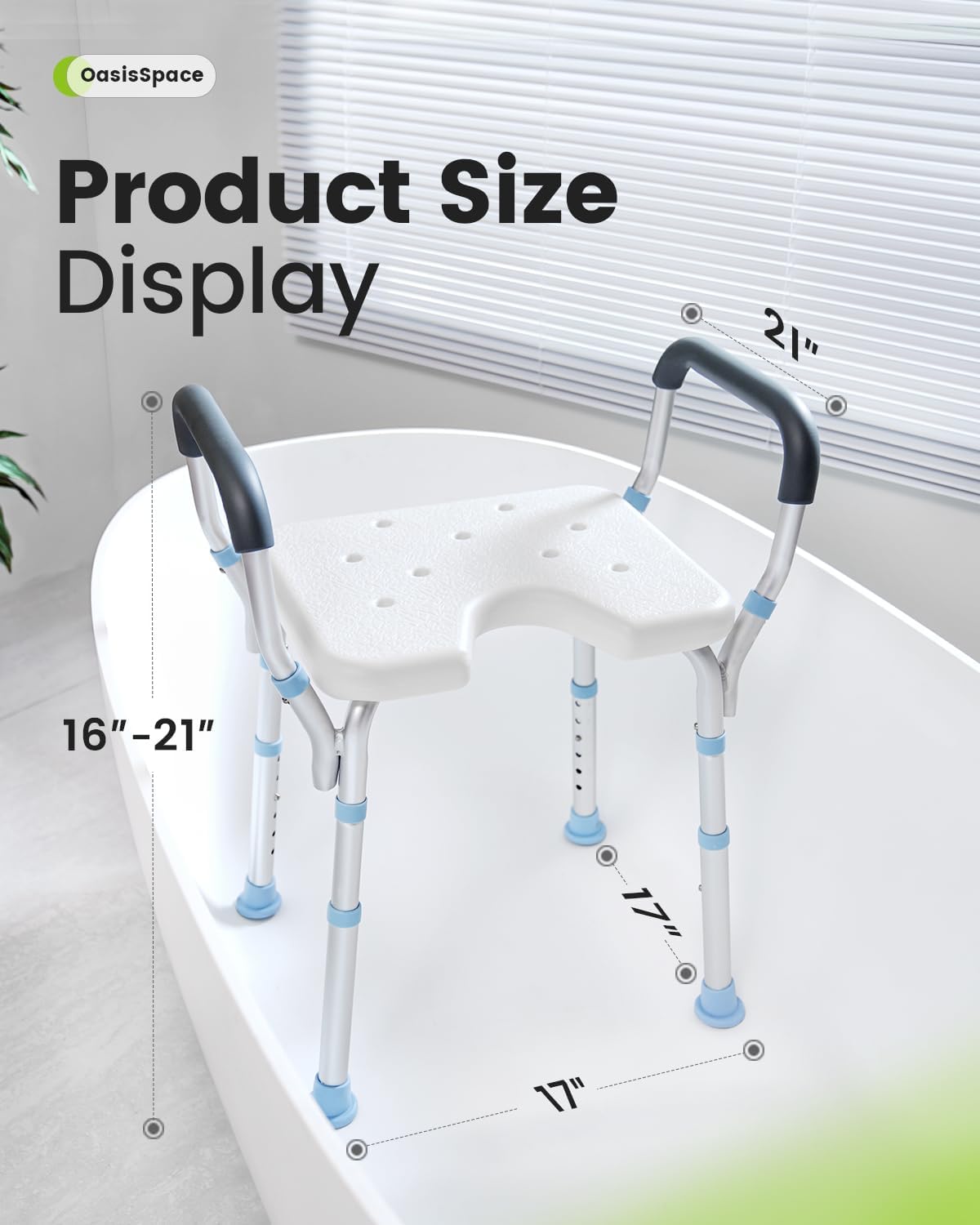 OasisSpace Silla de ducha ajustable con brazos para ducha interior, banco de ducha resistente con asiento recortado de 300 libras, taburete de