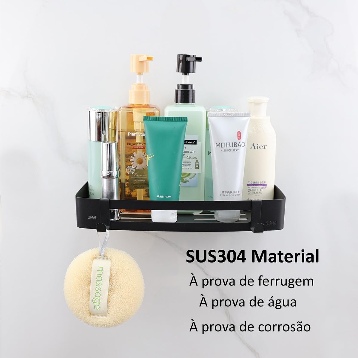 Cesta de ducha negra adhesivo para estante de ducha de acero inoxidable, soporte para bañera, mostrador organizador de baño de montaje en pared,