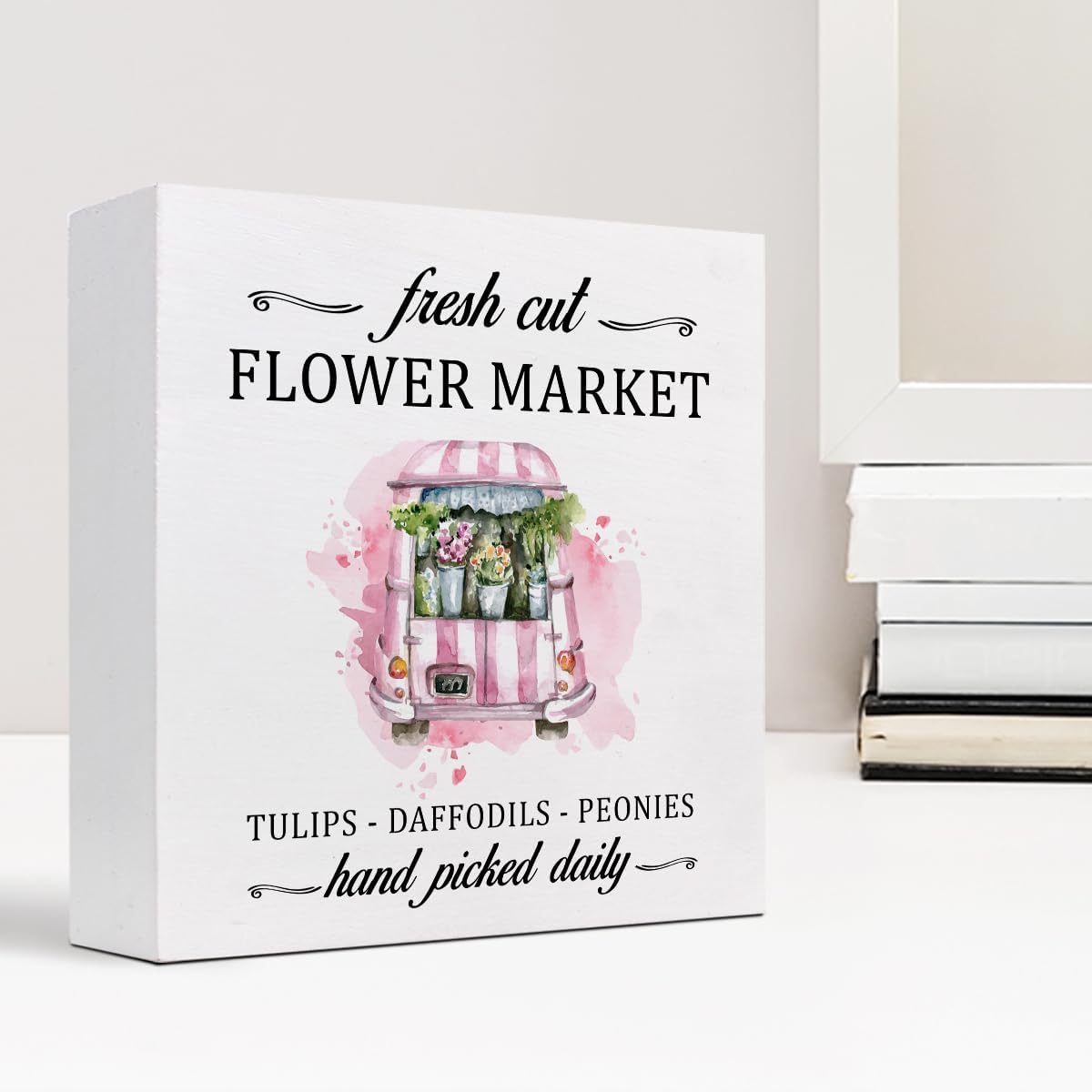 Flower Market – Letrero de madera rosa para automóvil, decoración de escritorio de flores rústicas de primavera y verano, decoración de escritorio