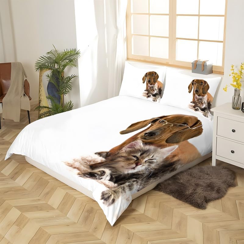 Juego de funda de edredón de gato blanco nieve con estampado de animales, funda de edredón de microfibra suave y 2 fundas de almohada de 20 x 26