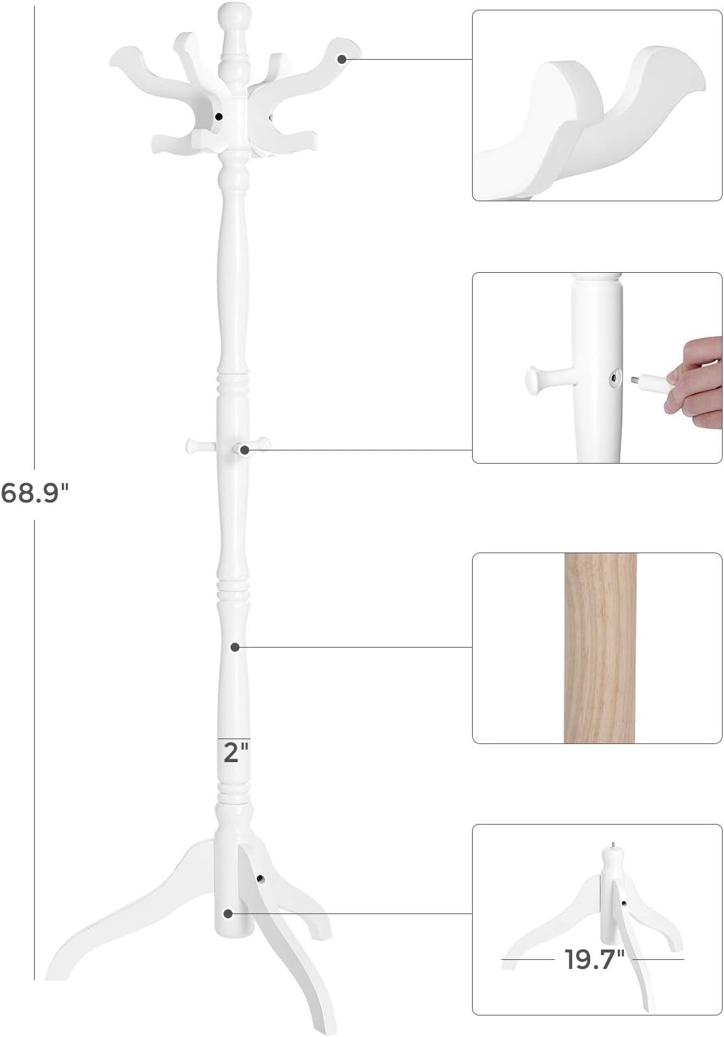 VASAGLE Perchero de pie independiente con 11 ganchos, abrigo de árbol de madera con base de madera maciza de caucho para abrigo, sombrero, ropa,