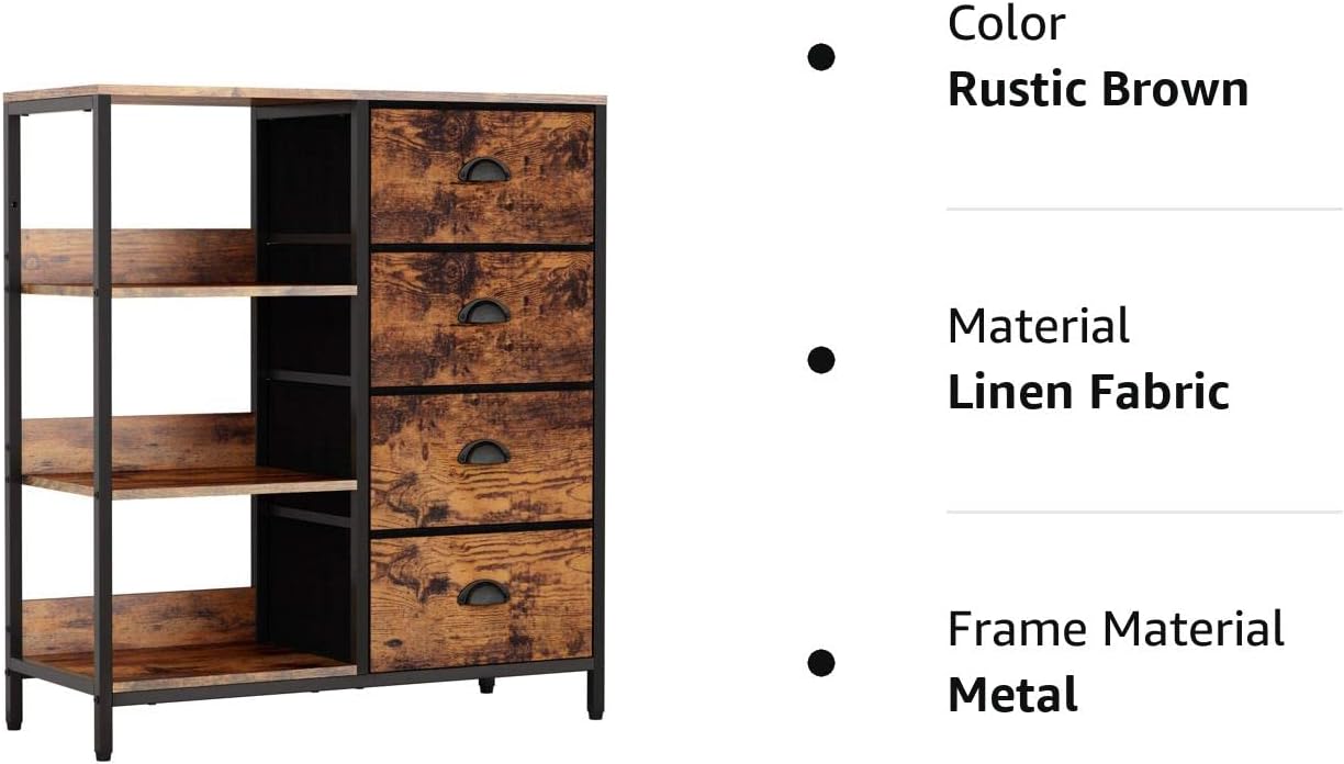 Furologee Cómoda de tela con 4 cajones y estante lateral, organizador industrial ligero para entrada, dormitorio, mesita de noche, oficina, cocina