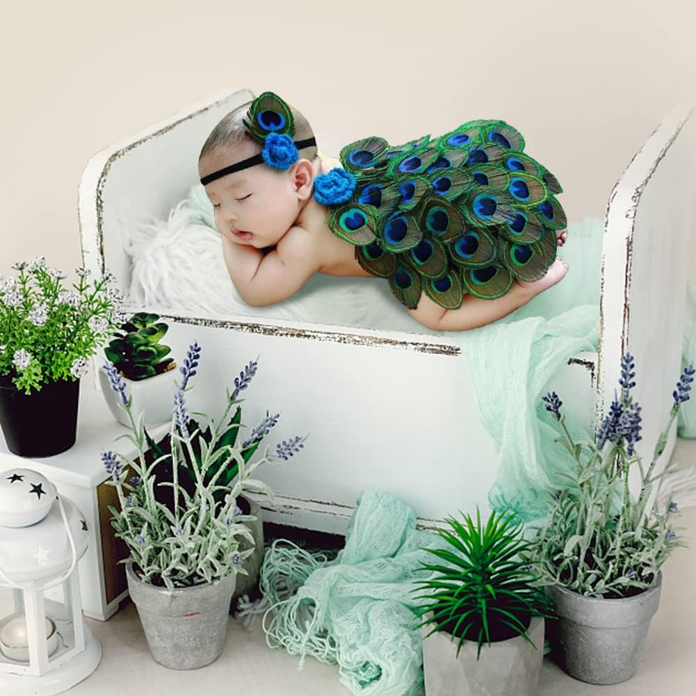 Trajes de fotografía para bebé, alas de plumas de pavo real + diadema para bebés, niños y niñas de 0 a 2 meses, accesorios de fotografía para bebés