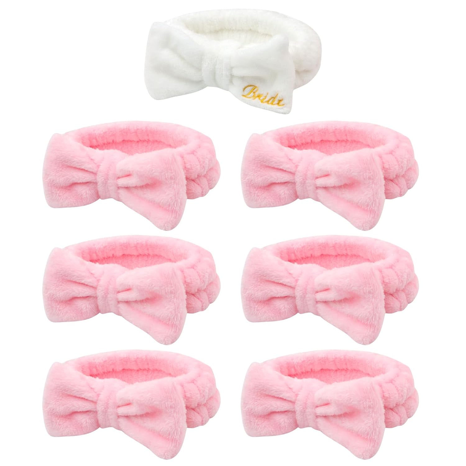 Juego de recuerdos de despedida de soltera, diadema de spa para novia, 1 paquete de diadema blanca para novia y 6 diademas rosas para dama de honor,