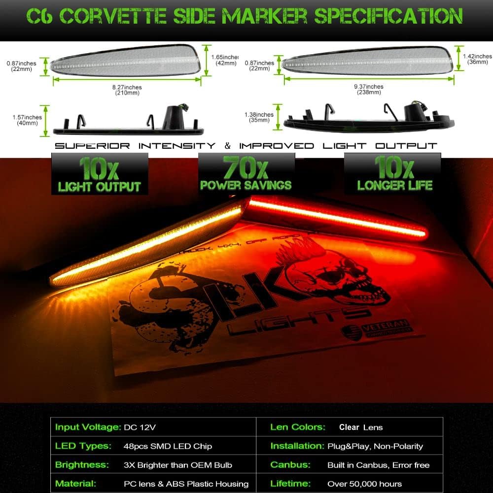 SLK – Luces LED de posición laterales para Chevrolet C6 Corvette 2005-2013 ámbar LED frontal y rojo trasero C6 luces de marcador reemplazan las