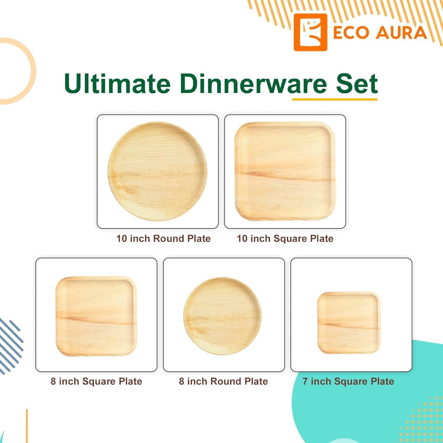 ECO AURA Platos cuadrados compostables de hoja de palma natural, biodegradables, desechables, como platos de bambú, platos ecológicos, perfectos