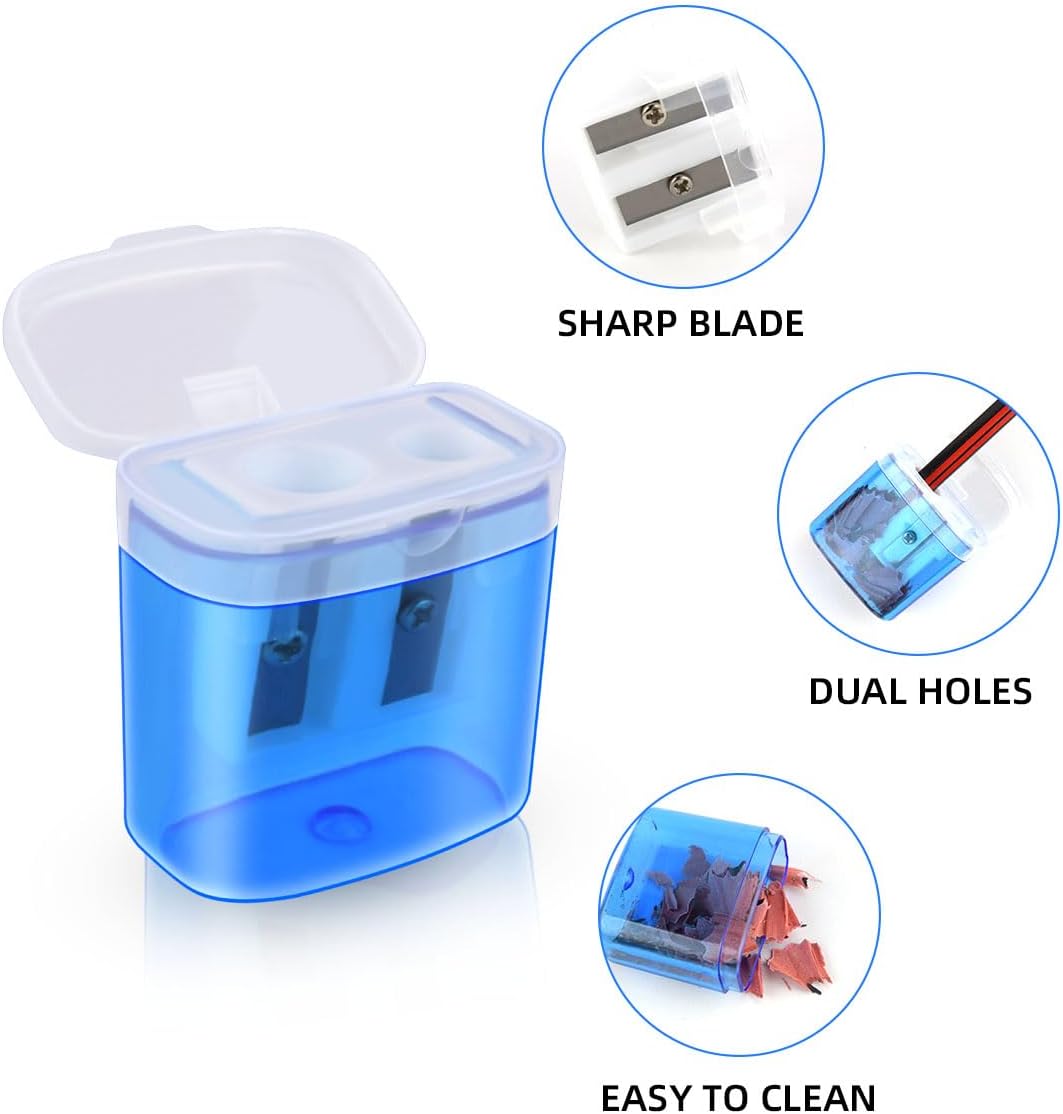 Paquete de 12 sacapuntas manuales para la escuela, oficina, hogar, aula, lápices de colores con doble agujero, con tapa para niños, sacapuntas