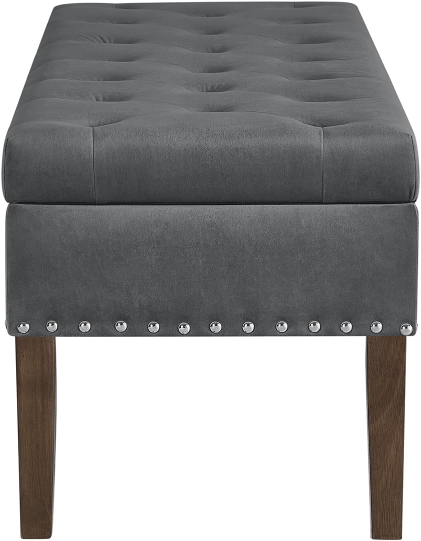 24KF Banco de almacenamiento tapizado de terciopelo con botones copetudos y clavos tachonados para sala de estar, 5076 – gris oscuro