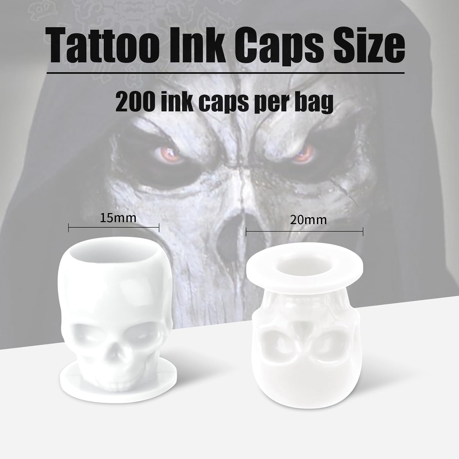 YILONG Tapas de tinta desechables para tatuaje, vasos de tinta de tatuaje de calavera con base estable y 200 unidades por paquete, soporte