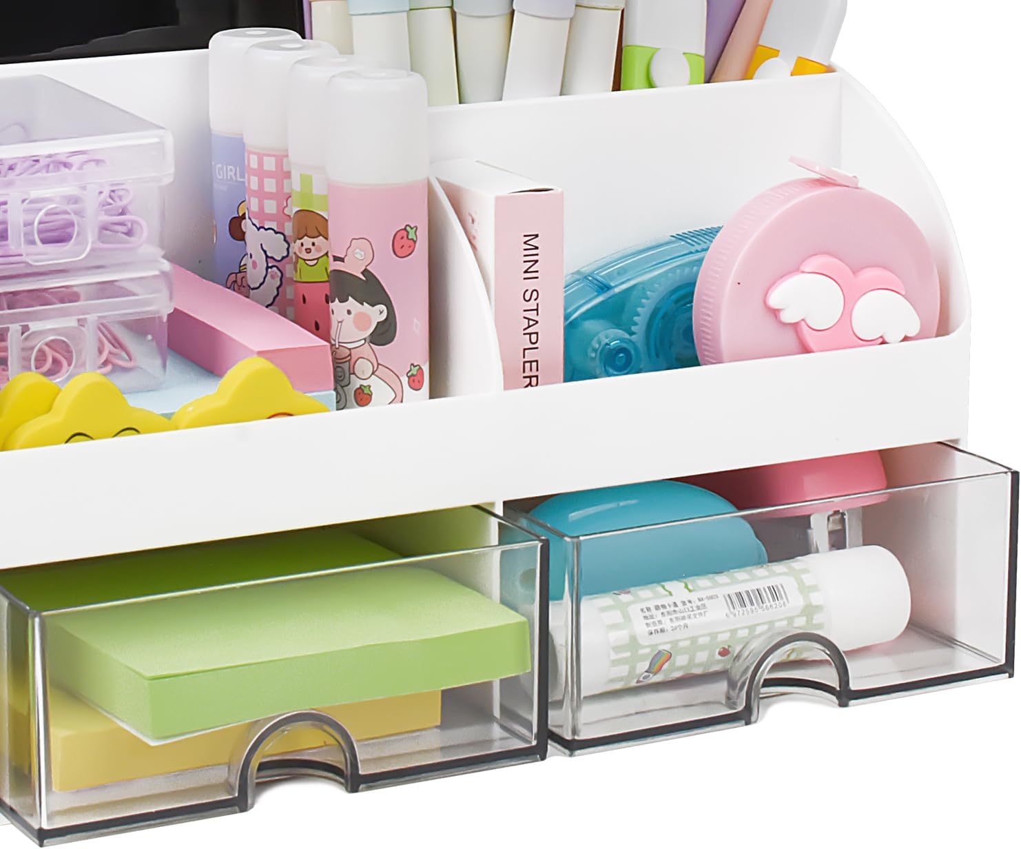 EASTVIO Organizador de escritorio con 2 cajones, soporte multifuncional para lápices, organizador de escritorio y accesorios, caja de almacenamiento