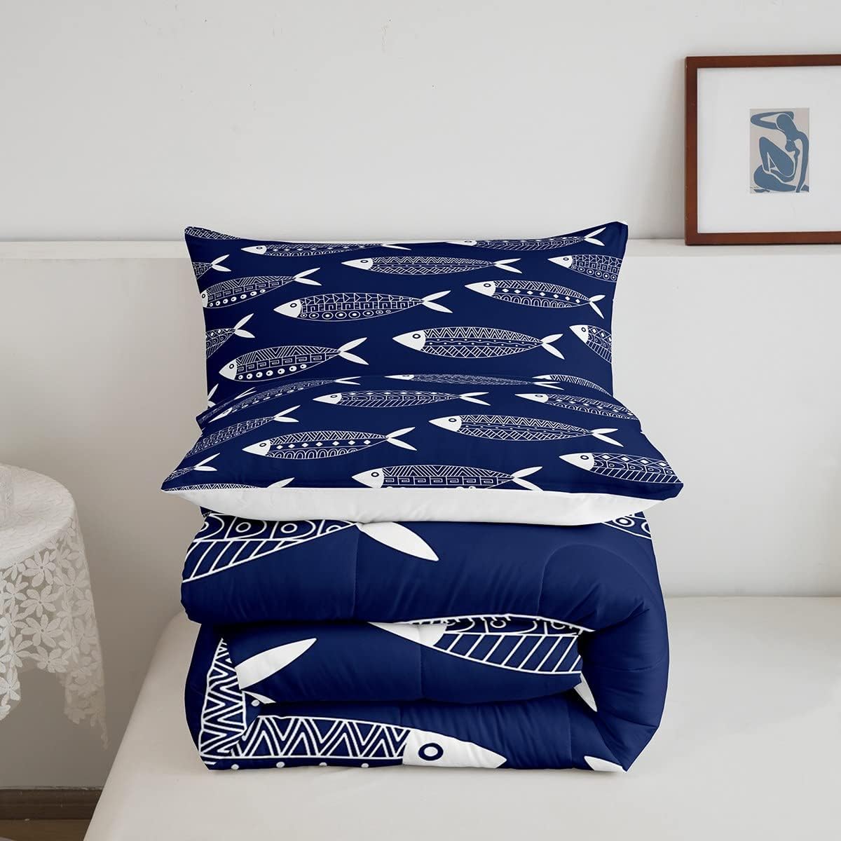Juego de edredón de peces tamaño King, ropa de cama azteca, ropa de cama tradicional mexicana, maya, étnica, abstracta, océano, geométrico, azul