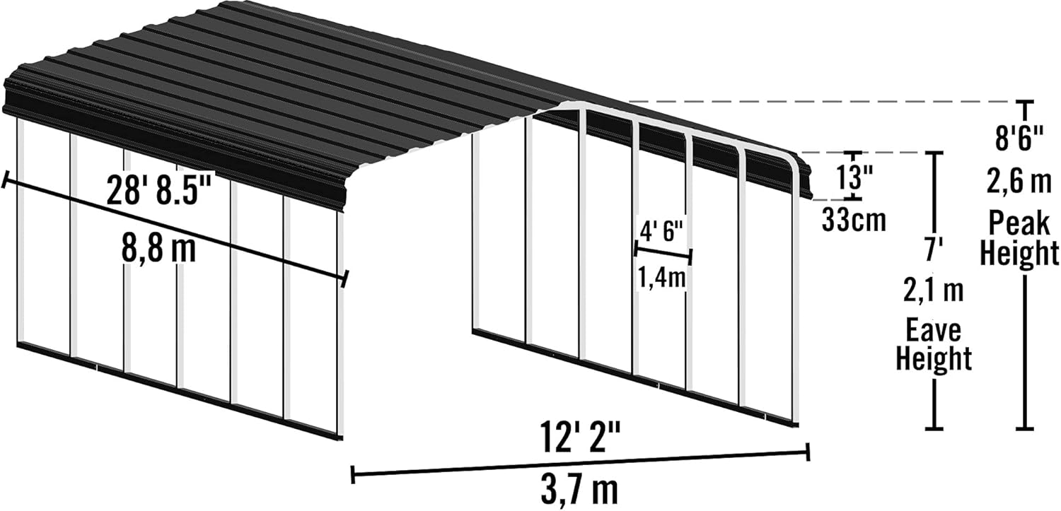 Arrow Shed CPH122907 Cochera de calibre 29 con paneles de techo de acero galvanizado, 12′ x 29′ x 7′, cáscara de huevo