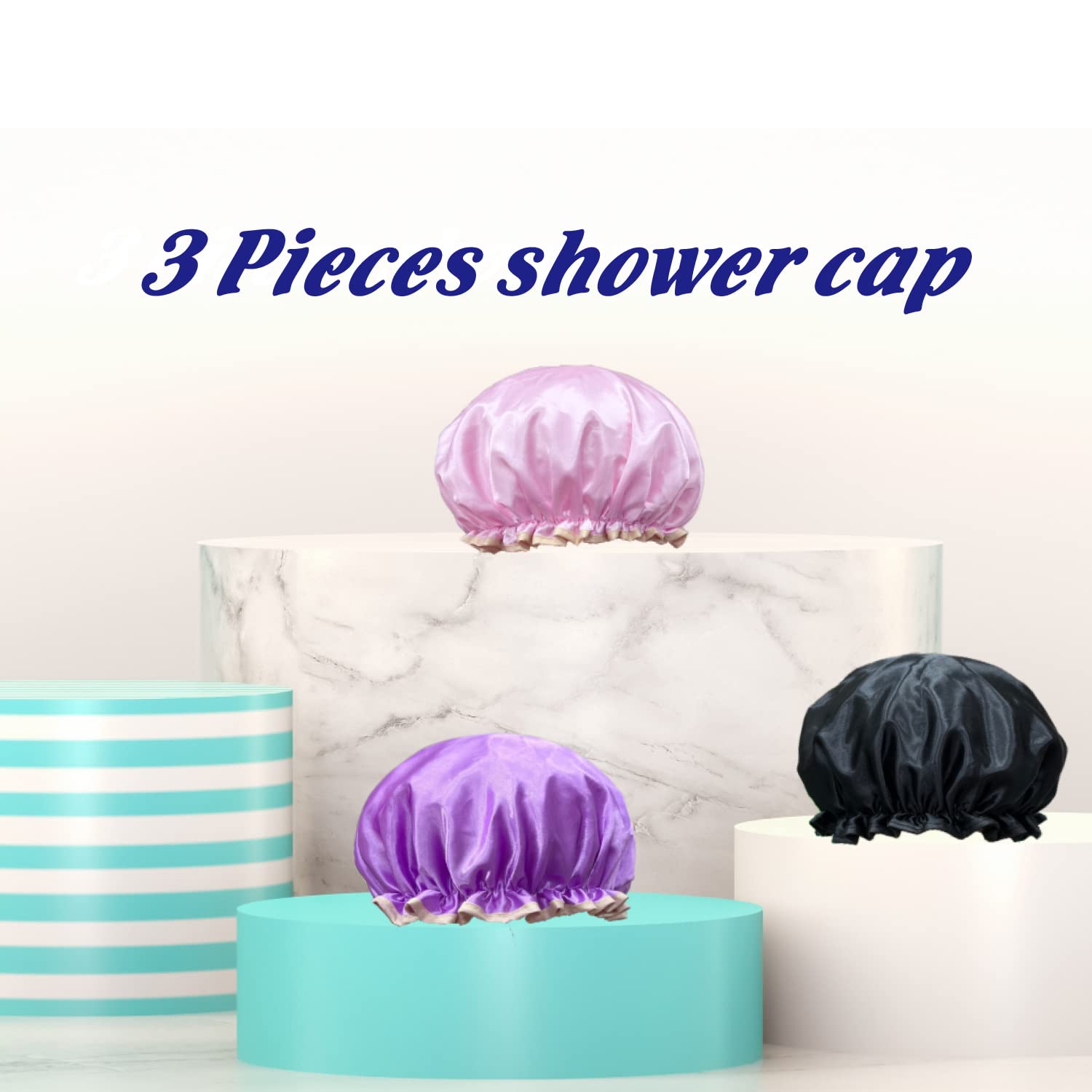 Gorros de ducha para mujer, 3 unidades, impermeables, de plástico, reutilizables, con estilo, de satén, doble capa, elástico, para mujeres, niñas,