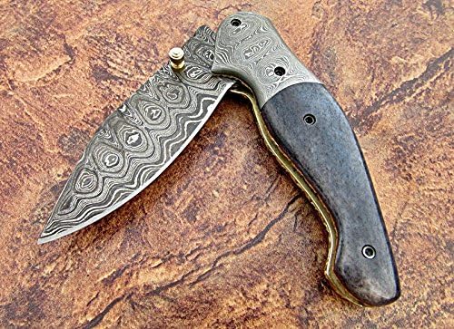FZ-30 Cuchillo de bolsillo de Damasco hecho a mano para hombres  Cuchillo plegable con bloqueo de revestimiento  Cuchillo de bushcraft para pesca,
