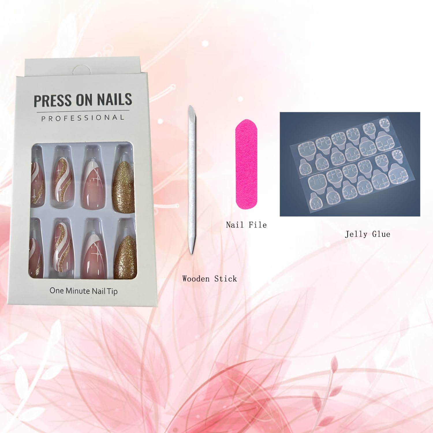 Uñas postizas acrílicas artificiales de almendra media con diseño de estrellas onduladas blancas, cobertura completa, reutilizables, estilo ataúd,