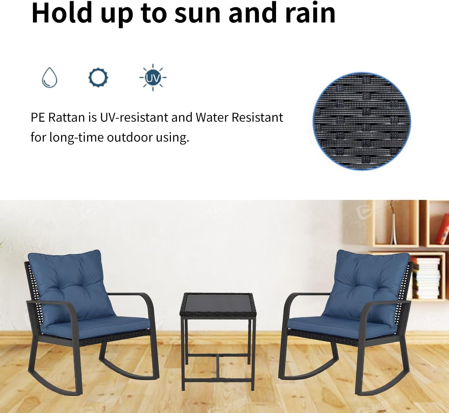 Juego de sillas de exterior de 3 piezas, mecedoras para exterior con cojines azules y 1 mesa de cristal para el condado, junto a la piscina, el
