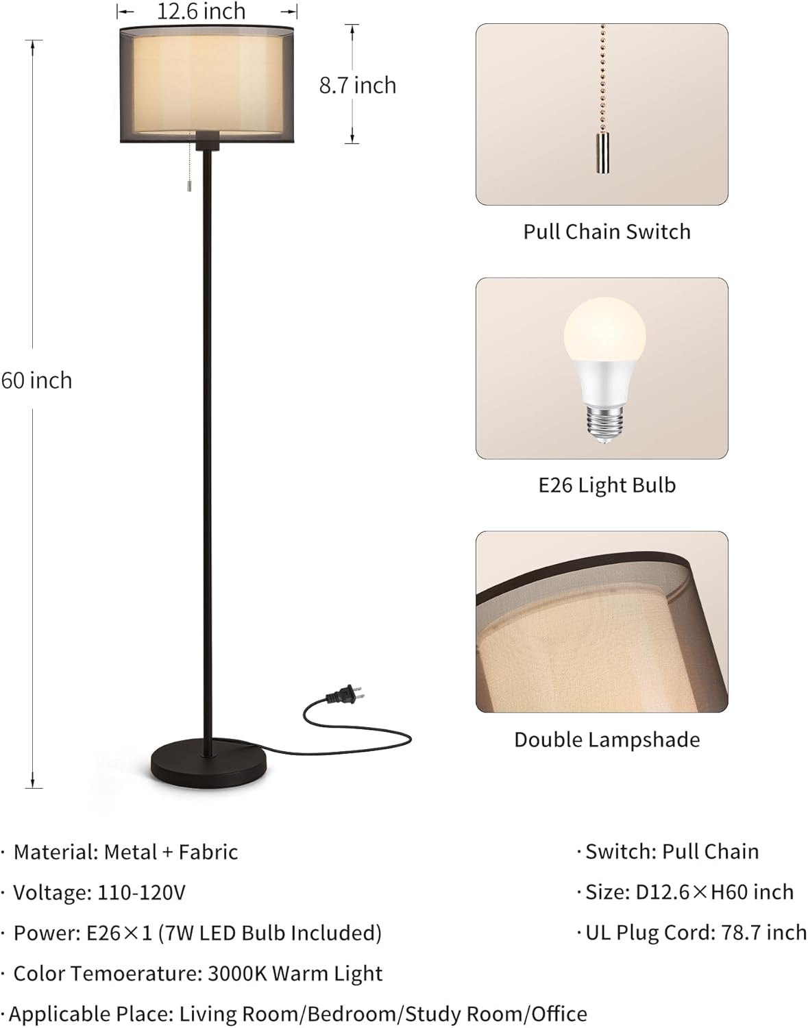 KDG Lámpara de pie moderna para sala de estar, lámpara de pie alta iluminación de esquina, pantalla de tela, bombilla LED, luz de poste brillante,
