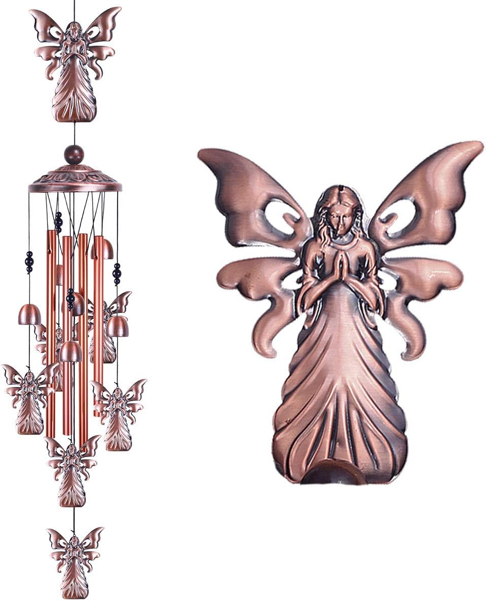 Campanillas de viento de ángel de jardín de 36 pulgadas para decoración interior y exterior, con 4 tubos de aluminio, 6 campanas, 7 ángeles,