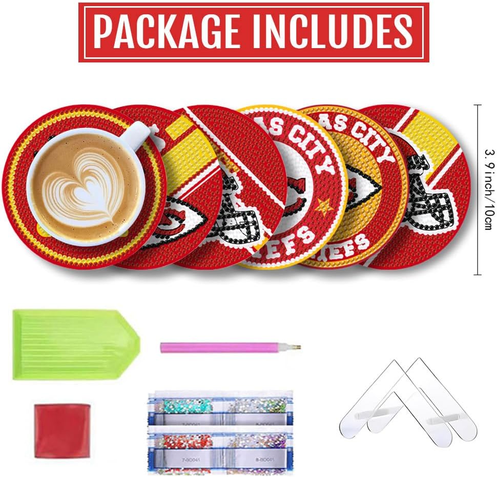 Aimeryup Juego de 6 posavasos de pintura de diamantes con soporte, posavasos de arte de diamantes de fútbol para adultos y niños, kits de puntos de